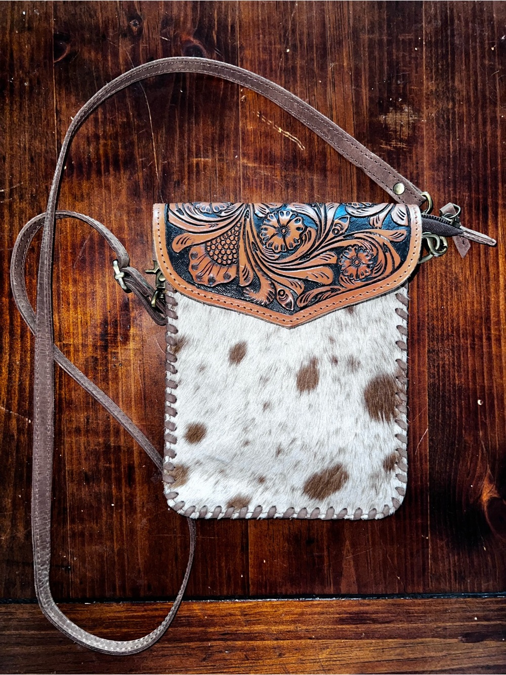 American Darling Tooled Leather & Cowhide Crossbody Bag - Brown/White